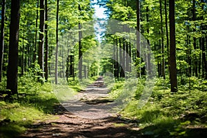 a dirt path in the middle of a green forest