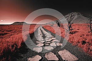 a dirt path with small rocks and trees in the background