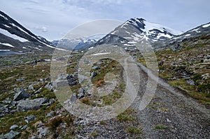 Dirt road across the mountains of Jotunheimen, Norway