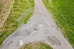 Dirt road crossroads seen from above.