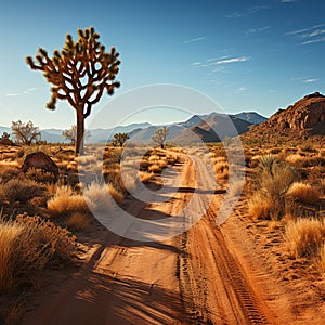 A dirt road in the desert with a tree and rock