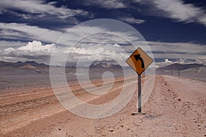 Dirt road into endlessness of Atacama desert -  yellow traffic sign showing left direction, Chile photo