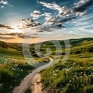 a dirt road in a field