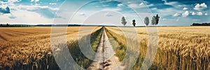 A dirt road through a field with wheat, trees and a blue sky. Long agricultural banner with a yellow field and blue sky