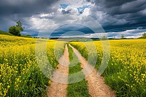 Dirt Road Through Field of Yellow Flowers, A windy path through mustard fields under a cloudy sky, AI Generated