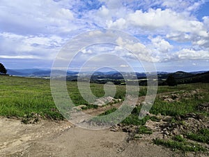 Dirt road in front of a meadow with blue sky