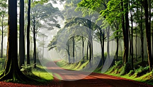 Dirt Road In The Green Forest Misty Morning Trees For Background