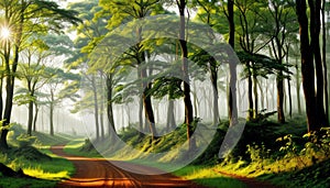 Dirt Road In The Green Forest Misty Morning Trees For Background