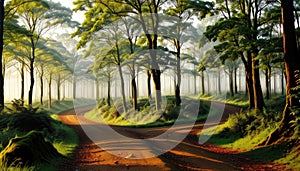 Dirt Road In The Green Forest Misty Morning Trees For Background