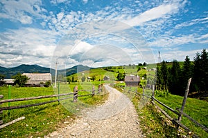 Dirt road in a green village under blue sky and white clouds