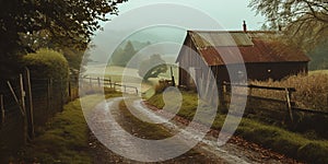 a dirt road leading to a barn