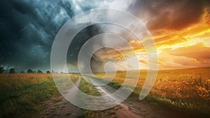 A dirt road leading to a field with clouds in the sky, AI