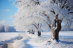 Dirt road leading to frosted woodland along snowy farmland under blue sky