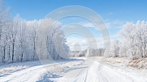 Dirt road leading to frosted woodland along snowy farmland under blue sky with white fluffy clouds