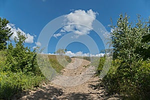 A dirt road leading up a hill among green bushes and trees against a bright blue sky with white clouds