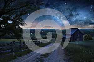 A dirt road meanders through a landscape, leading to a barn illuminated by the brilliance of a starry night sky, Starry night over