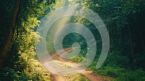 A dirt road in the middle of a forest with sunbeams coming through, AI