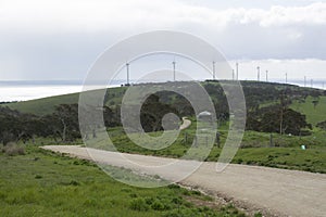 Dirt Road, Ocean and Wind Turbines, Fleurieu Peninsula, South Au