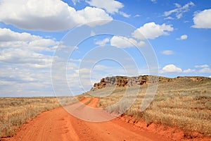 Dirt road orange prairie, going to the blue sky