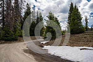 Dirt road out of Brooks Lake recreation area and campground in the Shoshone National Forest. Snow remains in summer