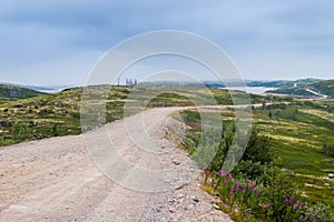 Dirt road in a polar landscape with granite stones