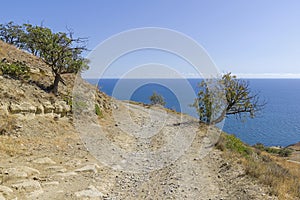 A dirt road running along a deserted mountainside on the seashore