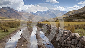 A dirt road with a stone wall in the middle of it, AI