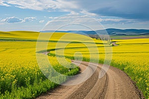 A dirt road stretches through a vast field, adorned with vibrant yellow flowers creating a picturesque scene, A winding road