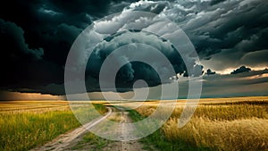 A dirt road stretches through a vast field under a cloudy sky, creating a sense of openness and possibility, Oncoming storm over