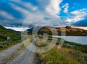 Dirt Road after Sunset Lake Stavatn near Hardangervidda National Park Norway