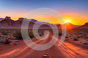 Dirt road to the mountain, sunrise desert view AI generated image