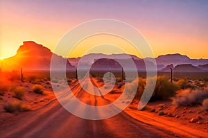 Dirt road to the mountain, sunrise desert view AI generated image