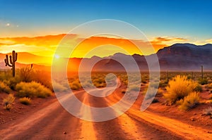 Dirt road to the mountain, sunrise desert view AI generated image