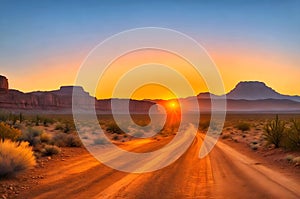 Dirt road to the mountain, sunrise desert view AI generated image