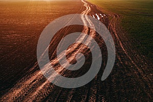 Dirt road with tractor tire track pattern in diminishing perspective, aerial view from drone pov