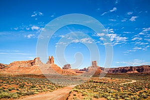 Dirt road trail through southern Utah towers of red rock