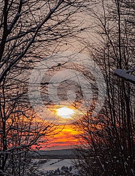 A dirt road among trees in the forest, in winter with a view of the setting sun