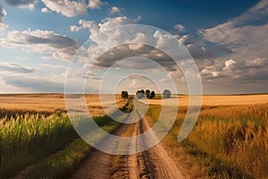 Dirt road through wheat field and blue sky with clouds at sunset Generative AI