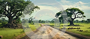 Dirt road winding through grassy field with trees on both sides