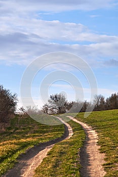 Dirt rural road at the border of an agricultural field under blue sky and clouds