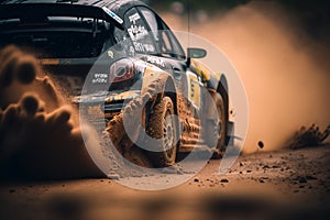 A dirt track is the backdrop for a macro shot of a rally car. AI