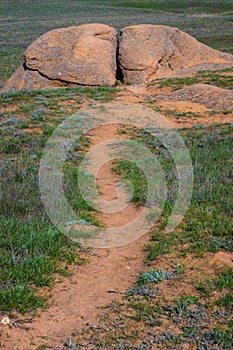 Dirt trail leading to large split boulder in green meadow