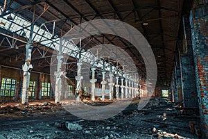 Dirty abandoned ruined industrial building inside