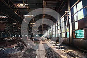 Dirty abandoned ruined industrial building inside