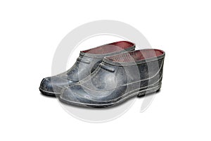 Dirty black rubber galoshes. on a white background. Clo