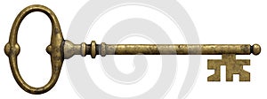Dirty Brass Medieval Ornate Vintage Key. 3D Illustration