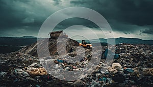 Dirty bulldozer unloading garbage heap at polluted landfill site generated by AI