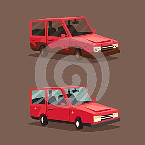 Dirty and clean car. American automobile. Cartoon vector illustration