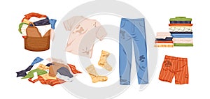 Dirty and clean clothes flat vector illustrations set. Laundry collection. Pile of washed clothing, apparel with stains