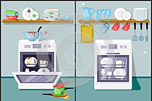 Dirty and clean dishes flat vector illustration